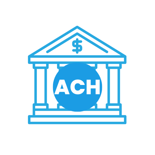 Blue ACH payment icon featuring a bank with a dollar sign