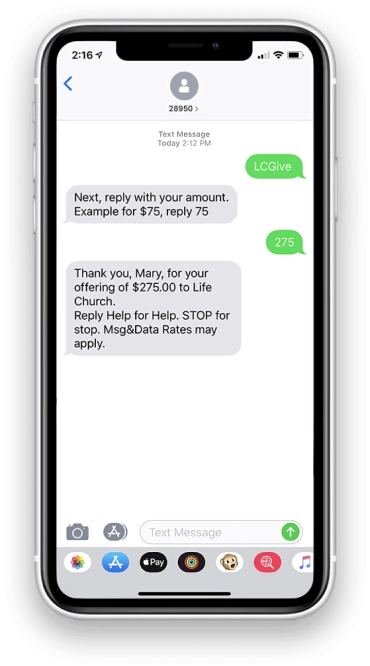 Mobile phone displaying a non-profit text-to-give donation process.